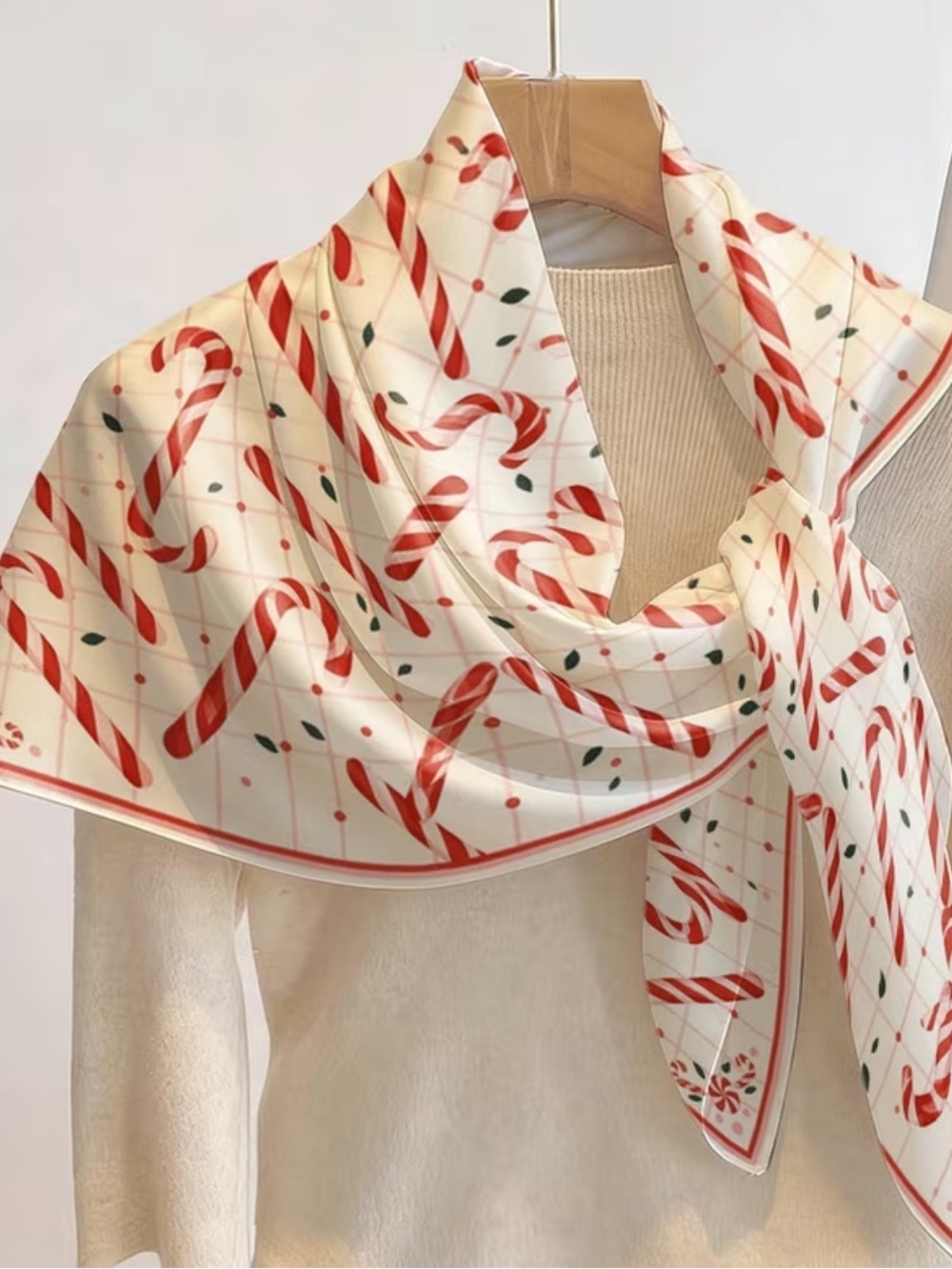 Festive Cream Candy Cane Print Scarf
